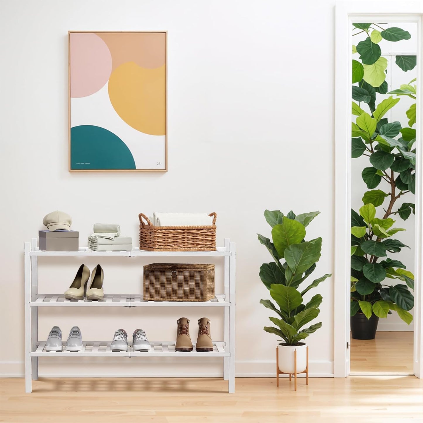 Haddockway 3 Tier Bamboo Shoe Rack Storage Organizer, Multifunctional Free Standing Stackable Shoe Shelf with Grid Panel for Closet,Hallway,Entryway,Small Space 27"x11"x20" (White, 3 Tier)