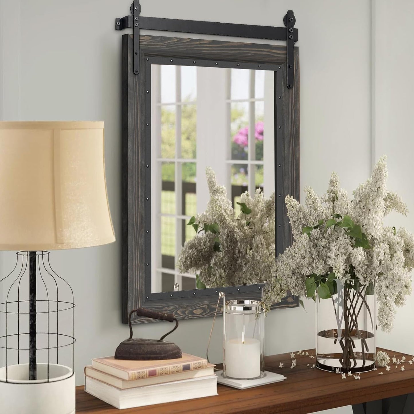 YOSHOOT Farmhouse Barn Door Mirror, 40"x30" Rustic Bathroom Mirror, Wood Frame Wall Mirror, Wooden Mirror for Living Room Bedroom Entryway Wall Décor, Vertical Hanging ONLY