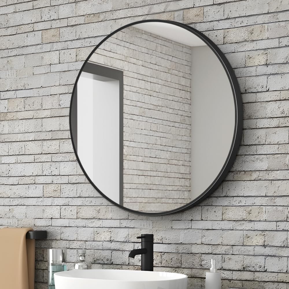 34inch Bathroom Round Mirror,Wall Mounted Vanity Mirror,Steel Frame,Black,Steel Frame
