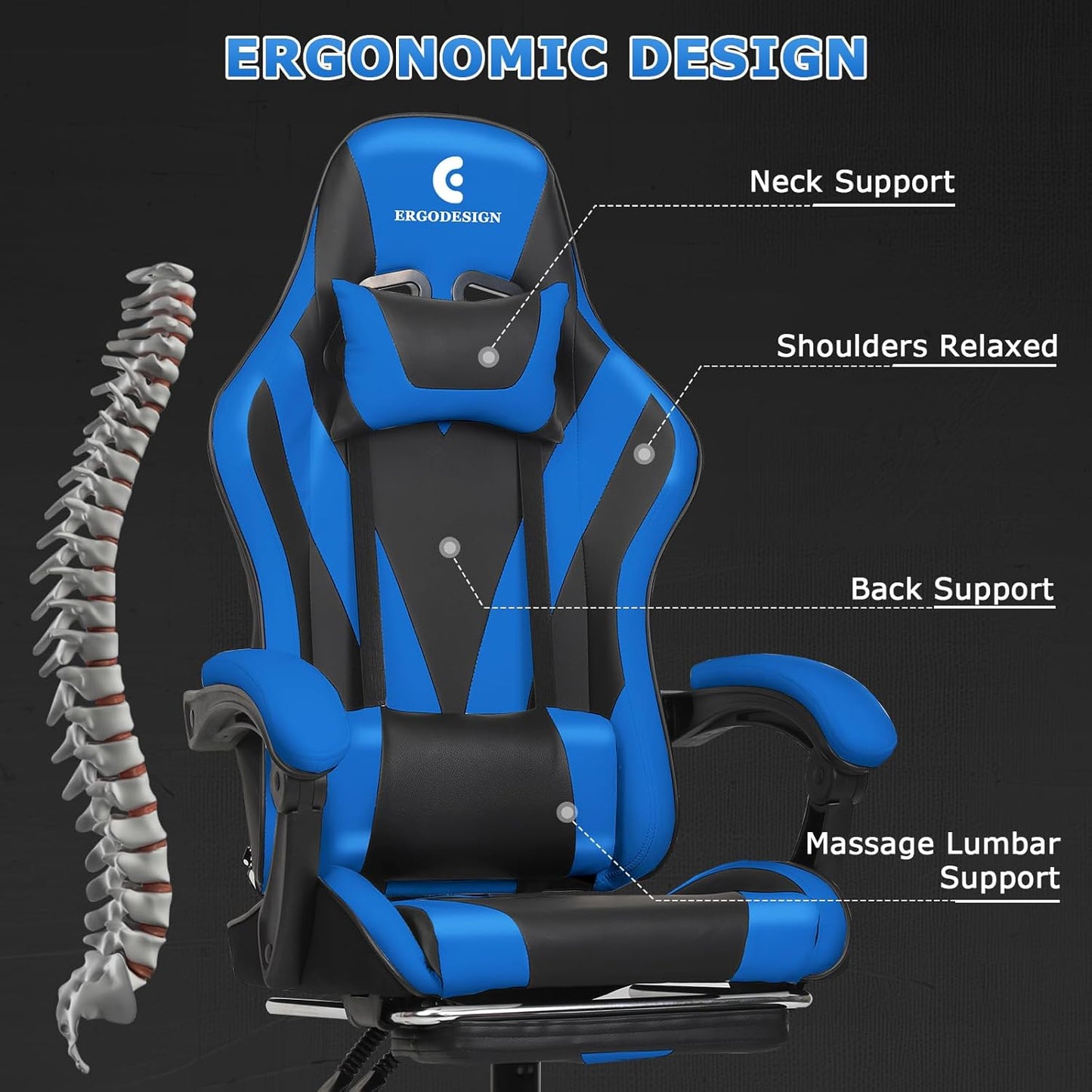 Gaming Chair with Linkage Armrest & Footrest, High Back Video Gaming Chair, Black/Blue