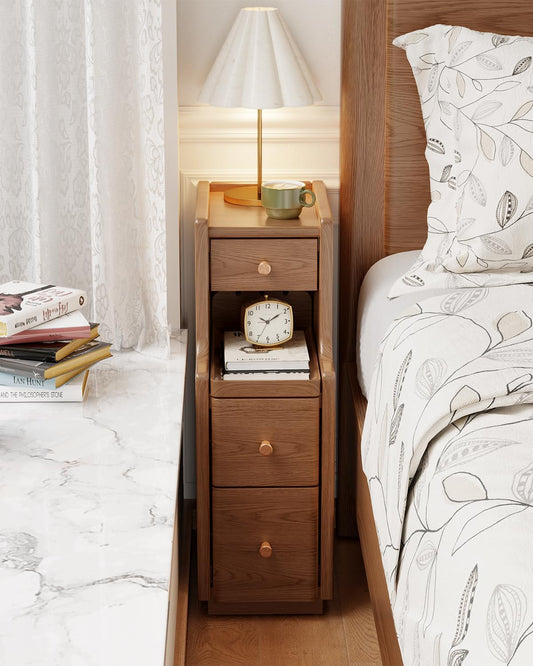 Narrow Nightstand with 3 Drawers,Solid Wood Small Nightstand Walnut, Modern Small Bedside Tables for Bedroom(Fully Assembly)