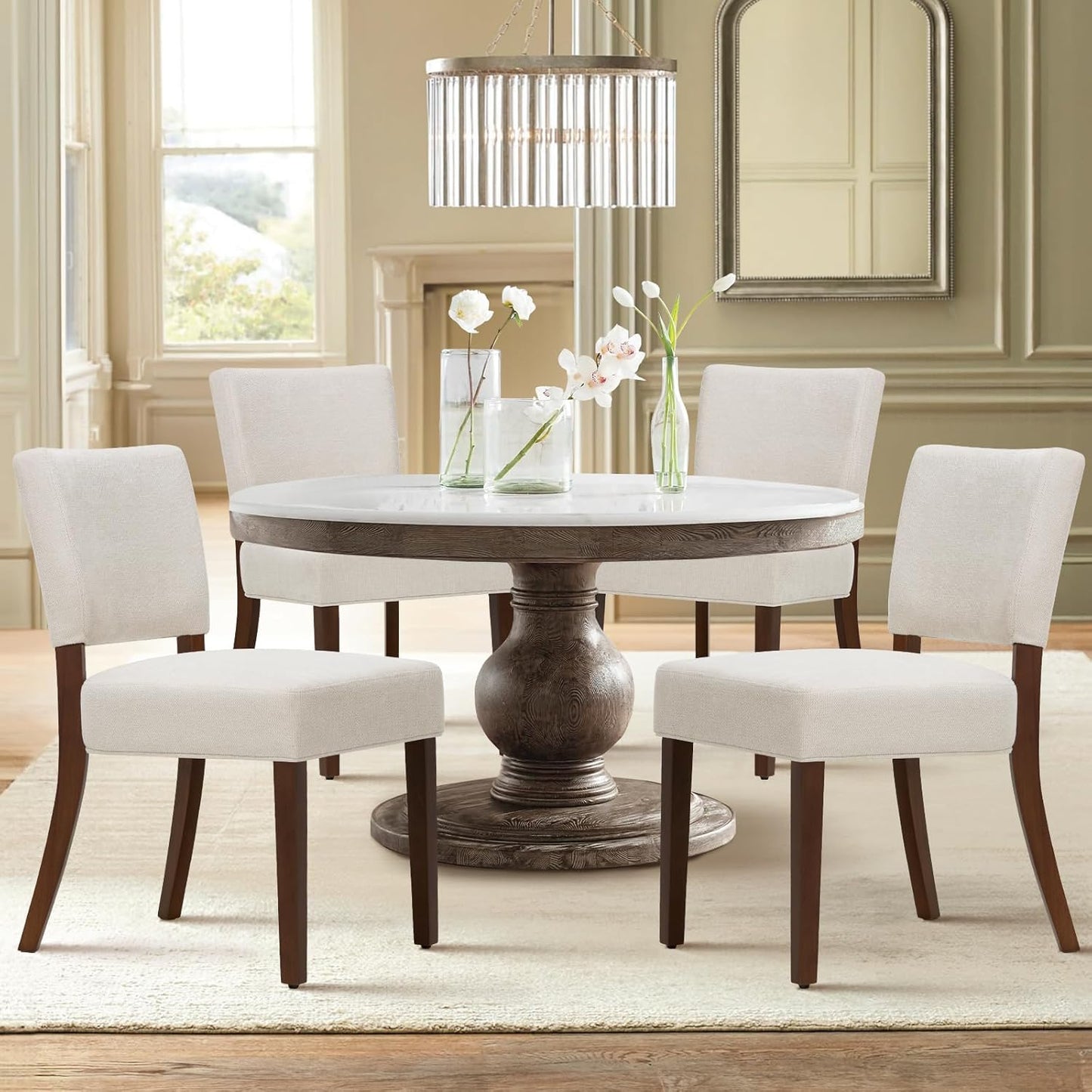 COLAMY Mid Century Modern Dining Chairs Set of 4, Upholstered Kitchen Chairs with Open Back, Fabric Side Dining Room Chairs with Wood Legs for Dining Room Kitchen Restaurant, Beige