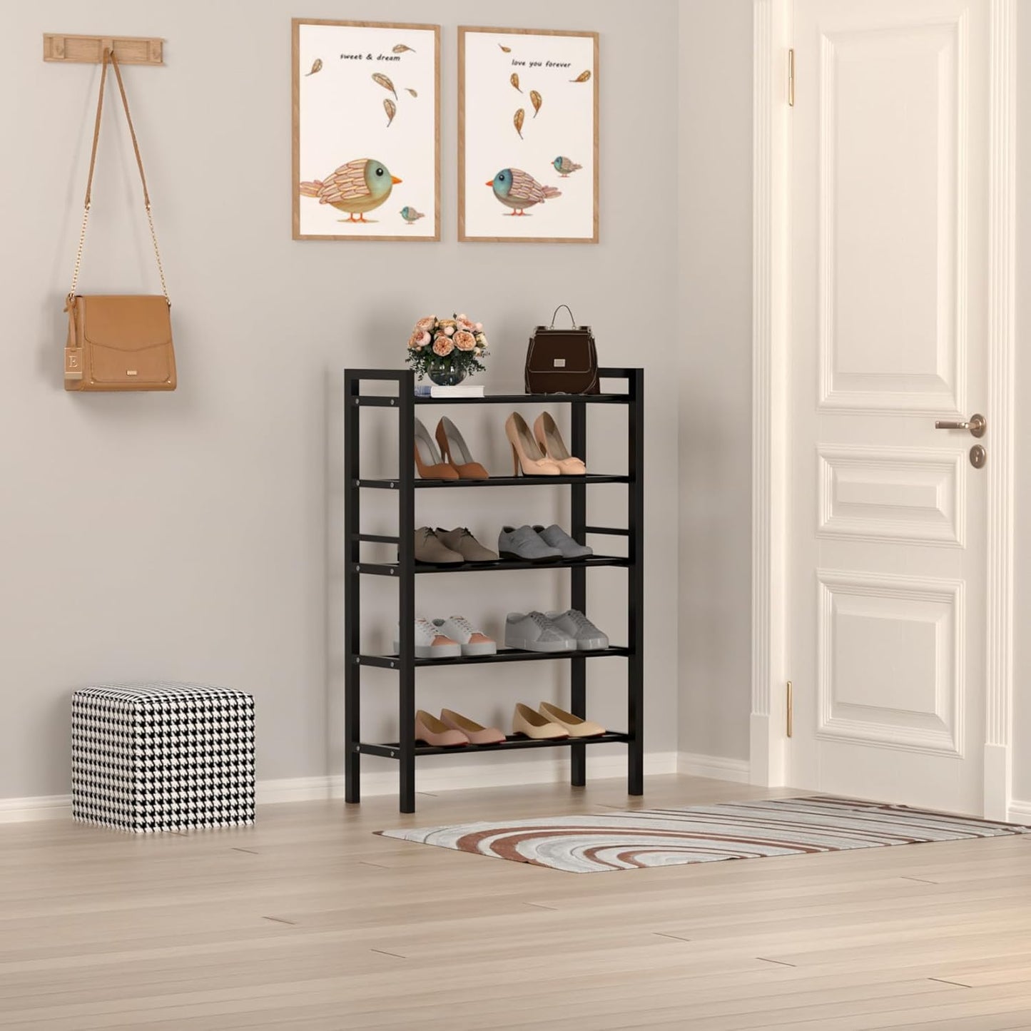 Haddockway Bamboo Shoe Rack for Closet, Free Standing Shoe Organizer with Smooth Round Rods & Convenient Handles, Stackable Shoe Storage Shelf for Entryway, Hallway(Black, 5-Tier(Small))