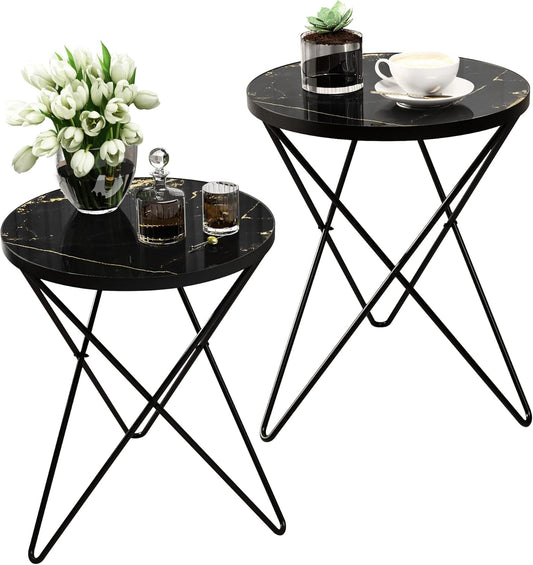 HLR Modern Round Side Table Set of 2, End Table with Marble Effect Top and Gold Metal Frame, Small Side Table for Living Room, Bedroom, Sofa and Couch, Black Legs, Black Marble top