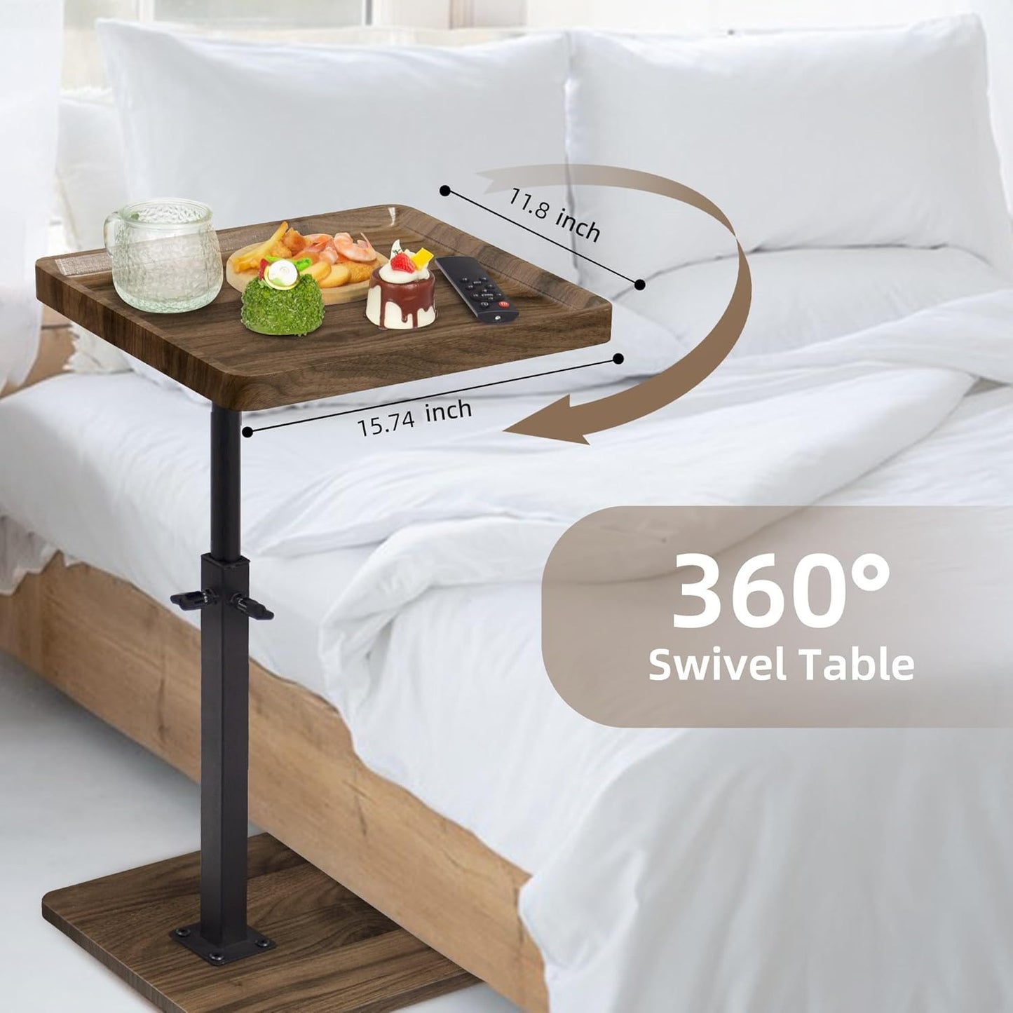 Aoligrace Adjustable Height Side Table with 360° Swivel Top, Wooden C Shaped End Table for Couch Sofa Bed, Small TV Tray for Small Spaces Living Room Bedroom