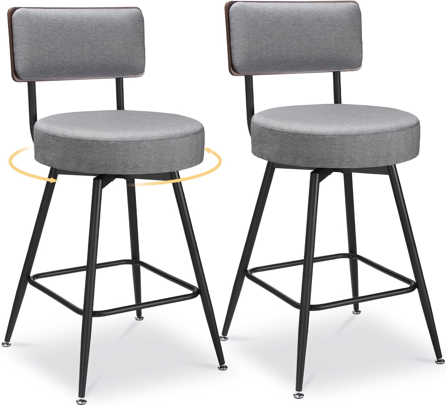 Counter Height Bar Stools, 25" Swivel Bar Stools Set of 2, Round Swivel Bar Chair, Fabric Upholstered Barstools with Metal Leg, Stool for Kitchen Counter Island, Dark Grey