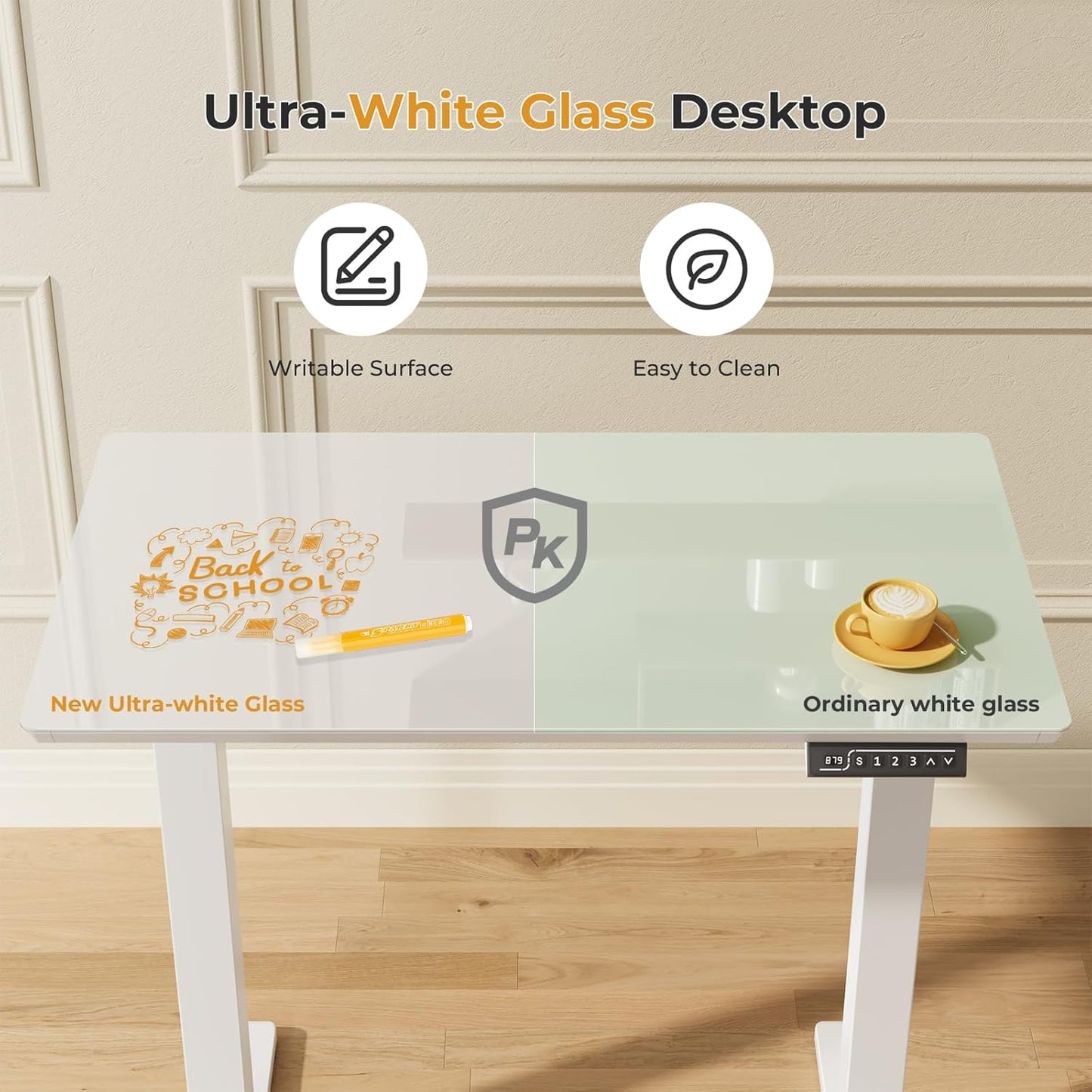 JOY worker Small Glass Standing Desk, 35" x 20" Electric Whole Piece Height Adjustable Desk with 4 Lockable Casters, Mobile White Sit to Stand Workstation for Home Office