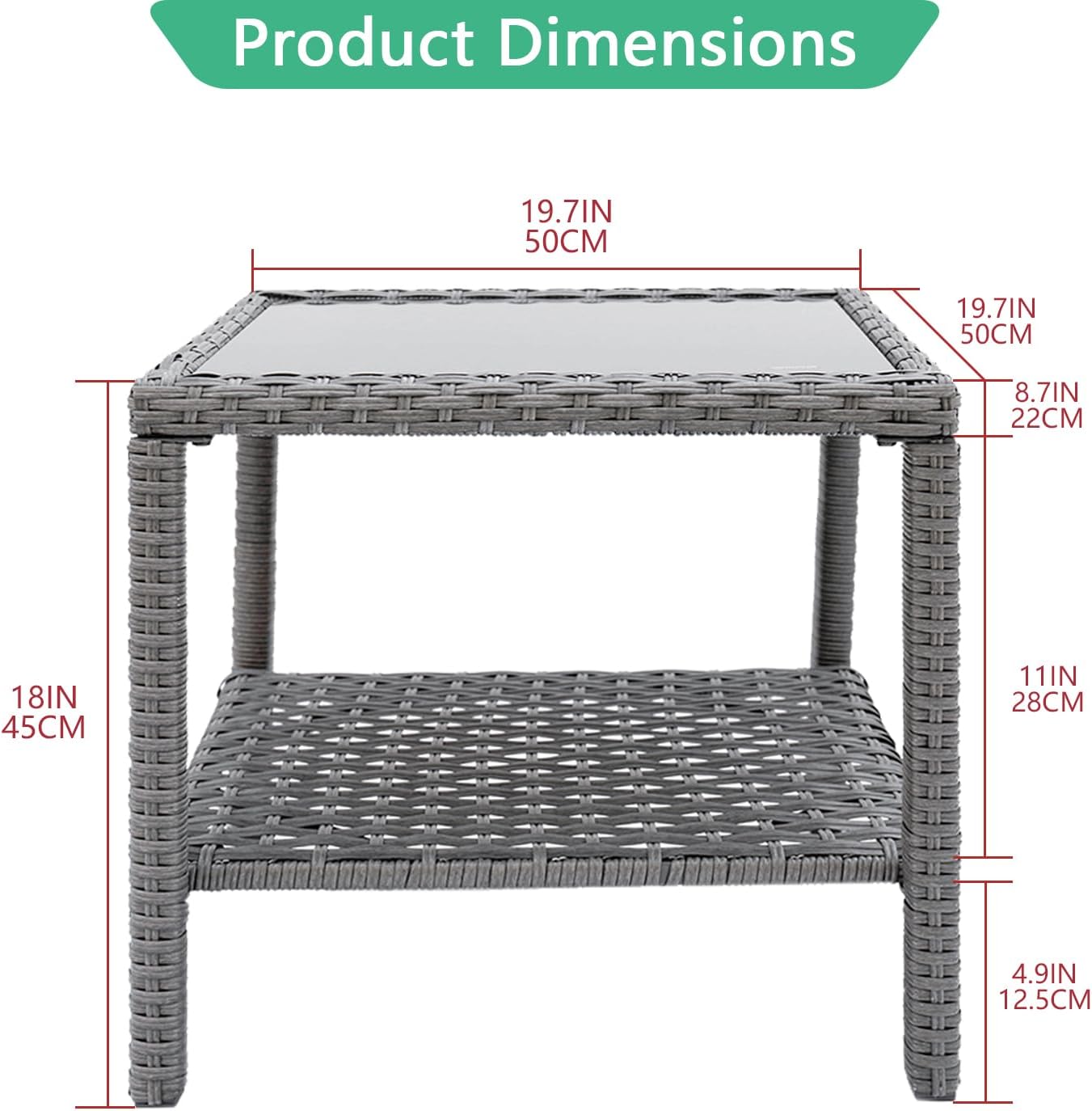 Helios&Hestia Square All Weather Rattan Wicker Outdoor Coffee Side End Table with Glass Top for Patio, Deck, Backyard, Garden, Grey