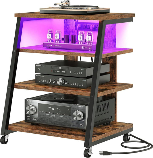 4-Tier AV Media Stand with Wheels, Stereo Stands, Media Console Shelf with Power Strips, LED Lights, Wooden Audio Cabinet Rack Tower, Rustic Brown and Black TCJ60UDBF