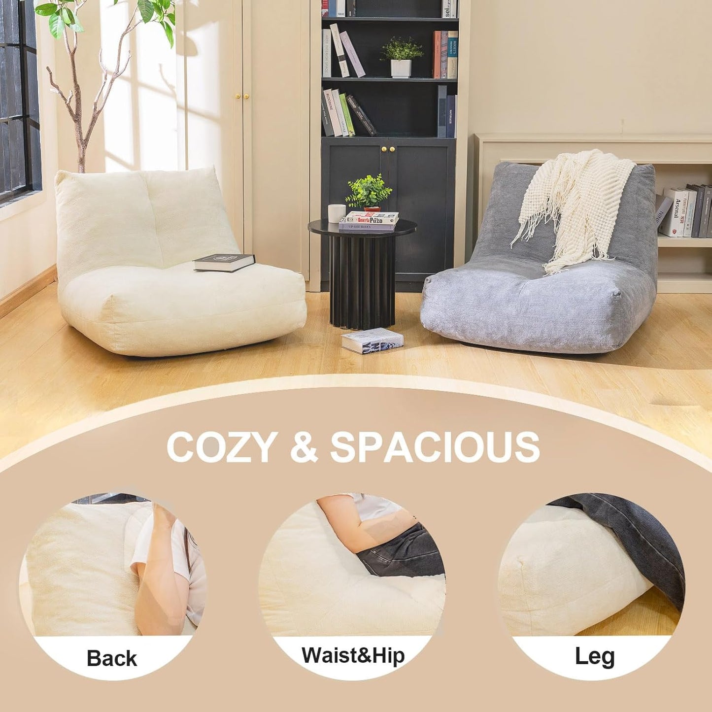 Bean Bag Chairs for Adults, Memory Foam Bean Bag Chair, Spacious Single Sofa, Ergonomic Support Reading Floor Sofa Chair with Filler, Comfy Cozy Beanbag Couch for Bedroom Living Room (Beige)