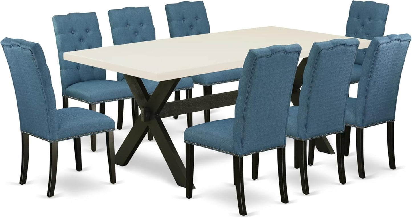 East West Furniture X627EL121-9 9 Piece Dining Room Table Set Includes a Rectangle Dining Table with X-Legs and 8 Blue Linen Fabric Upholstered Parson Chairs, 40x72 Inch, Multi-Color