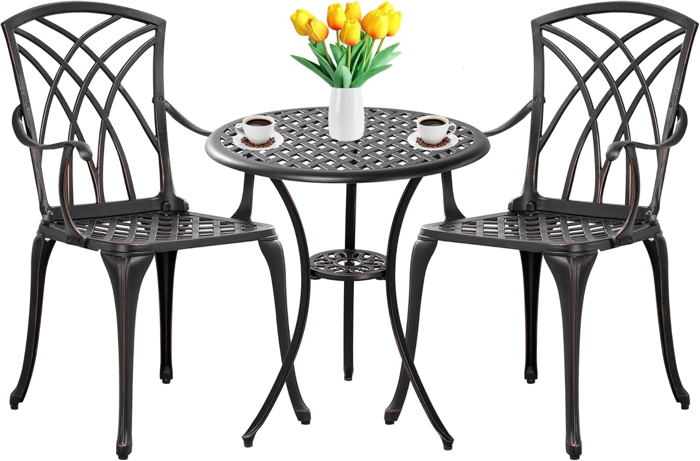 3 Piece Patio Bistro Set Outdoor Bistro Table Set Anti Rust Bistro Table and Chairs w/Umbrella Hole, Durable Patio Set for Porch, Balcony