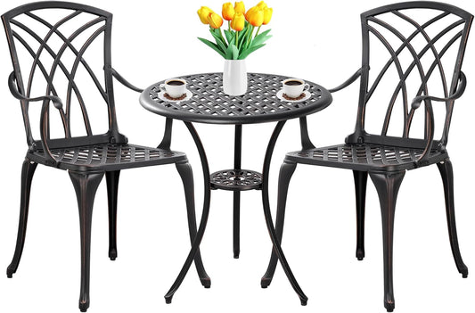 3 Piece Patio Bistro Set Outdoor Bistro Table Set Anti Rust Bistro Table and Chairs w/Umbrella Hole, Durable Patio Set for Porch, Balcony