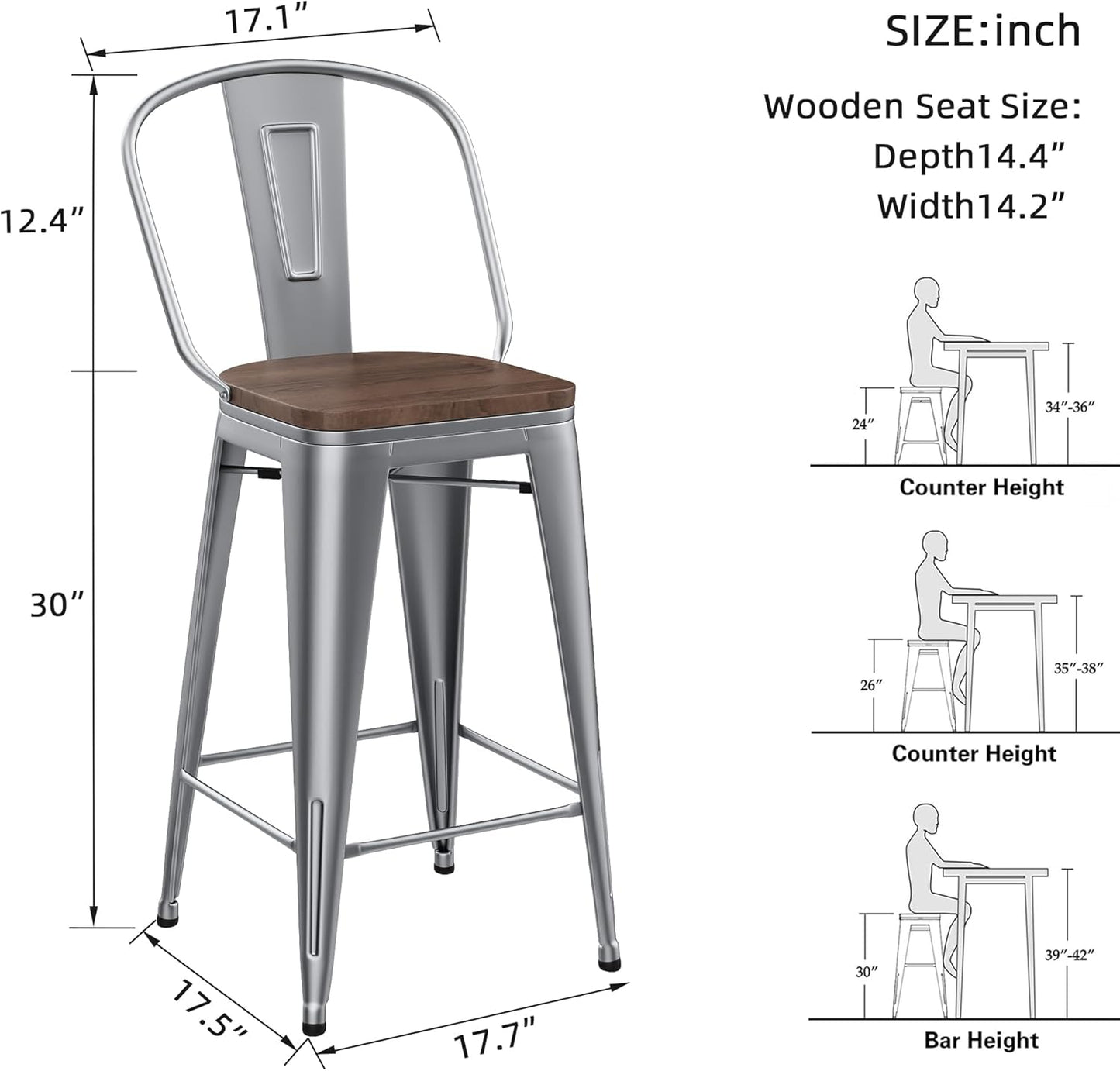 Yongqiang 30 inch Bar Stools Set of 4 Farmhouse Bar Height Stools High Back Kitchen Bar Chairs Silver Metal Barstools with Wooden Seat…