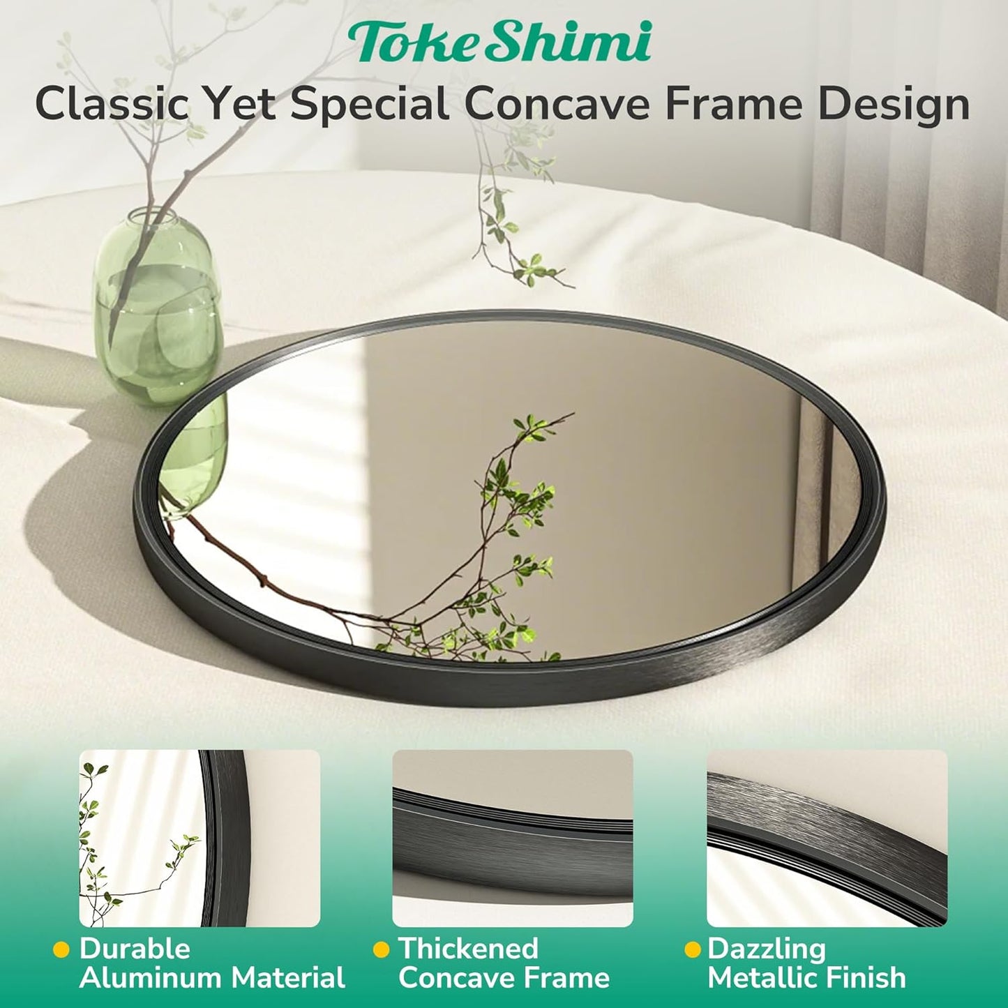 TokeShimi 18 in Round Framed Black Mirror for Bathroom, Shatterproof Circle Bathroom Vanity Mirror, 18x18 Round Wall Mirrored Farmhouse Metal for Living Room, Entryway, Bedroom, Restroom, Vanity