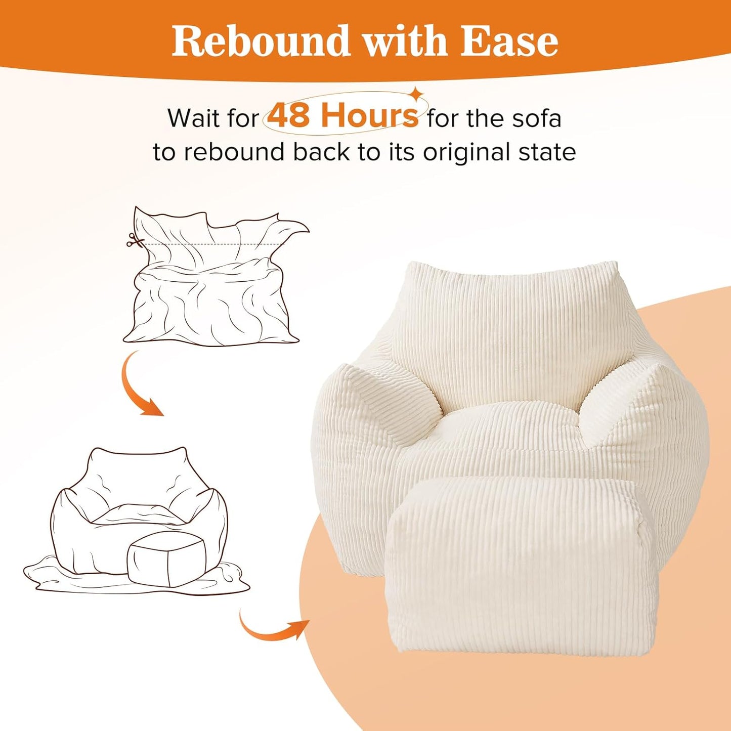 Big Bean Bag Chair for Adults & Kids, Ultra Soft Living Room Bean Bag with Armrests & Ottoman, Stuffed BeanBag Floor Sofa for Napping, Gaming, Lounging, Beige