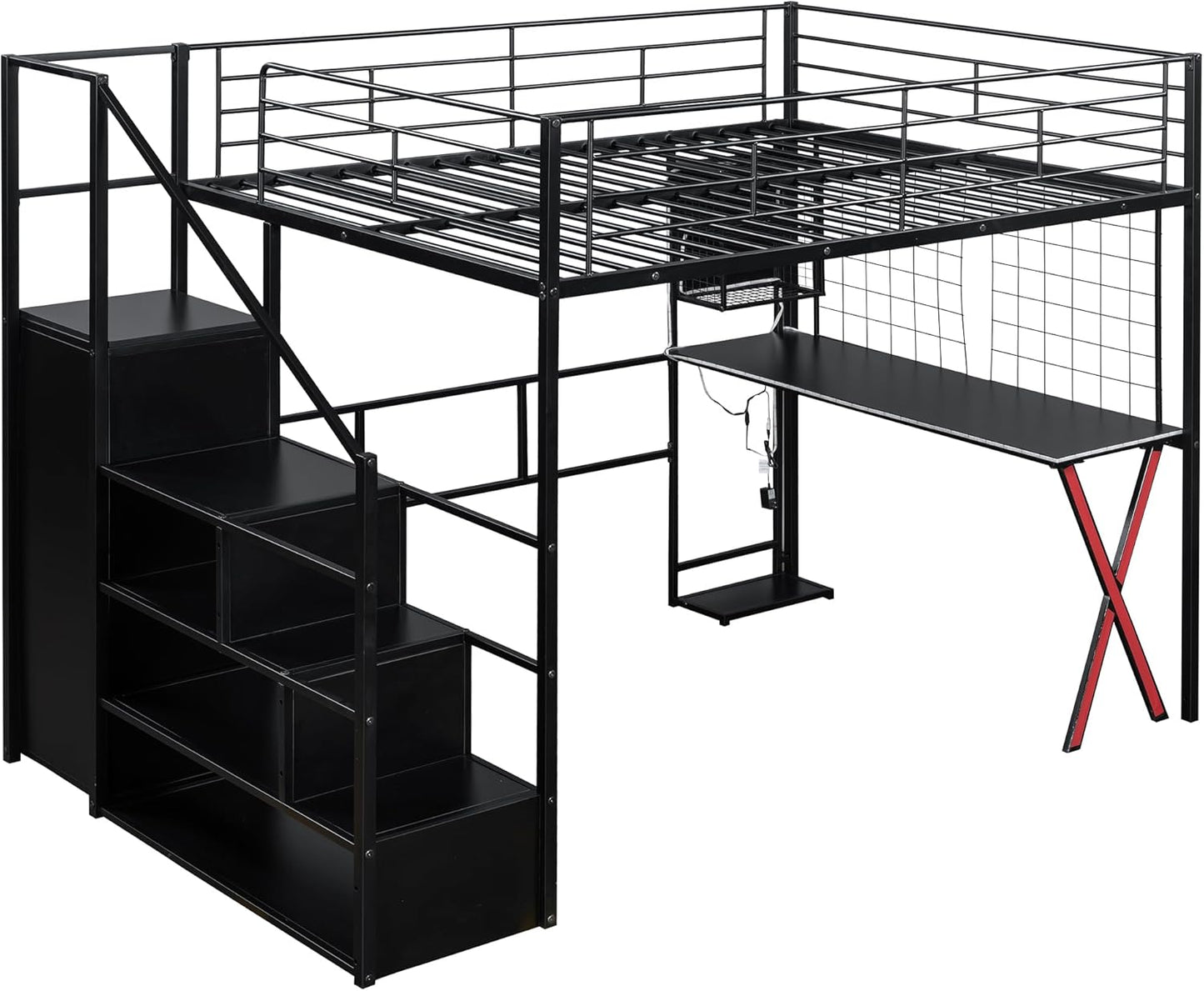 Merax Full Size Metal Loft Bed with Built-in Work Station, Wardrobe, Storage Staircase and LED, Gaming Bed for Kids Teens Adults, Full-Length Guardrails, No Box Spring Needed, Black