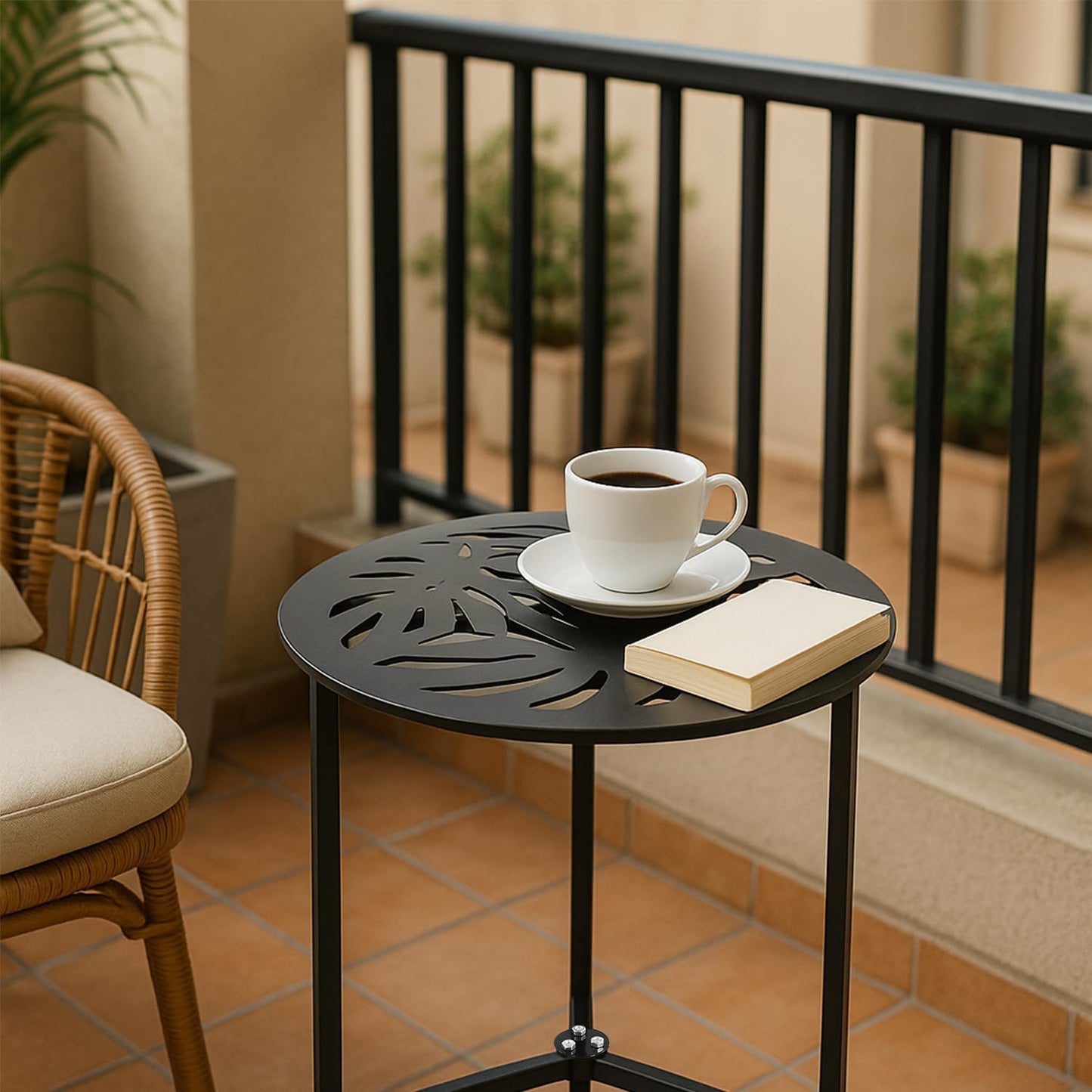 2 Packs 13" Metal Outdoor Side Tables Small Black Outside End Table for Patio Round Accent Corner Stand for Small Spaces Weather-Resistant Coffee Table for Balcony Porch Plant Stand, Monstera Leaf