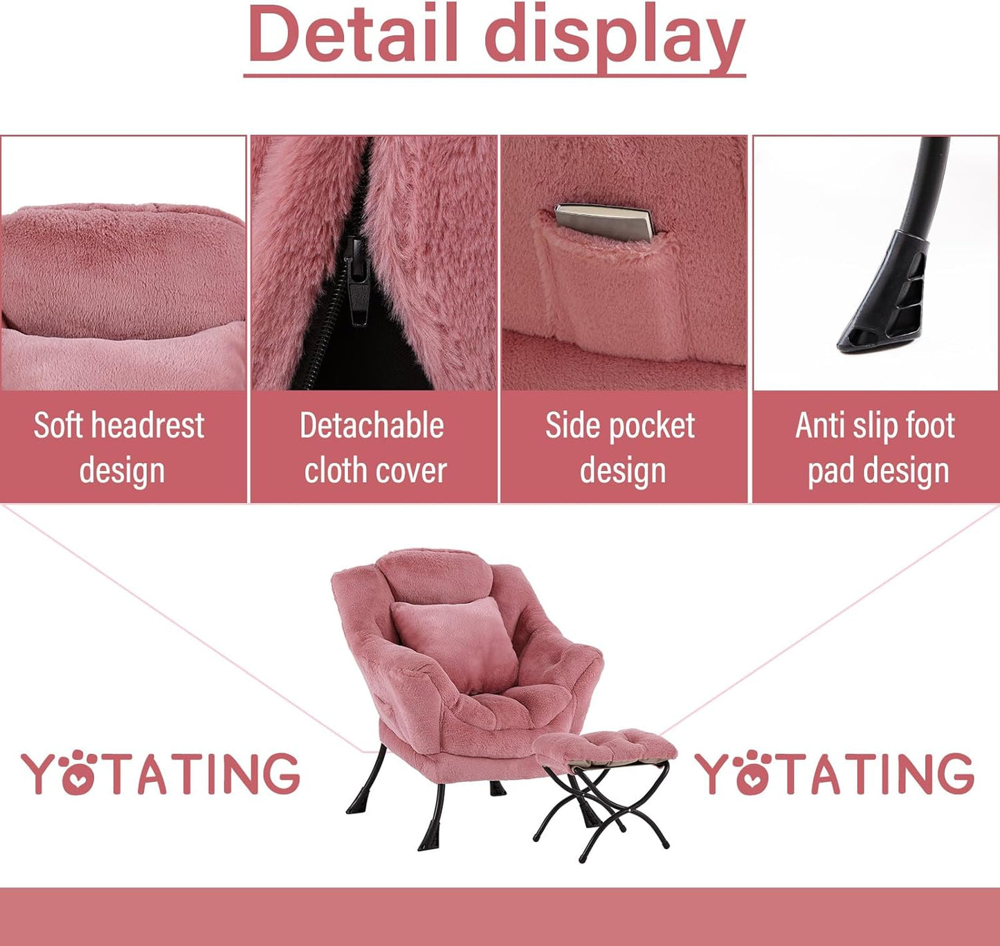 Lazy Chair with Ottoman, Comfy Reading Lounge Chair with Footstool & Throw Pillow Modern with Armrests & Side Pocket for Living Room, Bedroom, Dorm Room, Plush Dark Pink