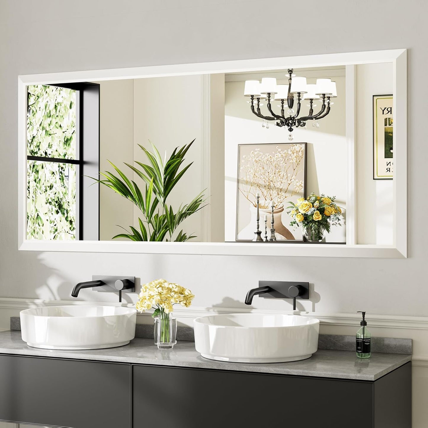 72x32 Inch White Bathroom Mirror for Wall, Thick Metal Framed Rectangle Mirrors for Over Sink, Bedroom, Living Room, Entryway, Anti-Rust, HD Tempered Glass