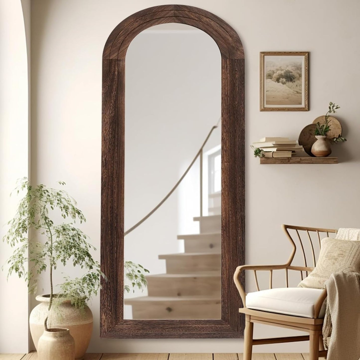 Arched Full Length Mirror with Solid Wood Frame, 65x22 Farmhouse Wall Mounted Floor Mirror with Stand, Vertical Hanging, Leaning Standing for Bedroom, Living Room, Brown