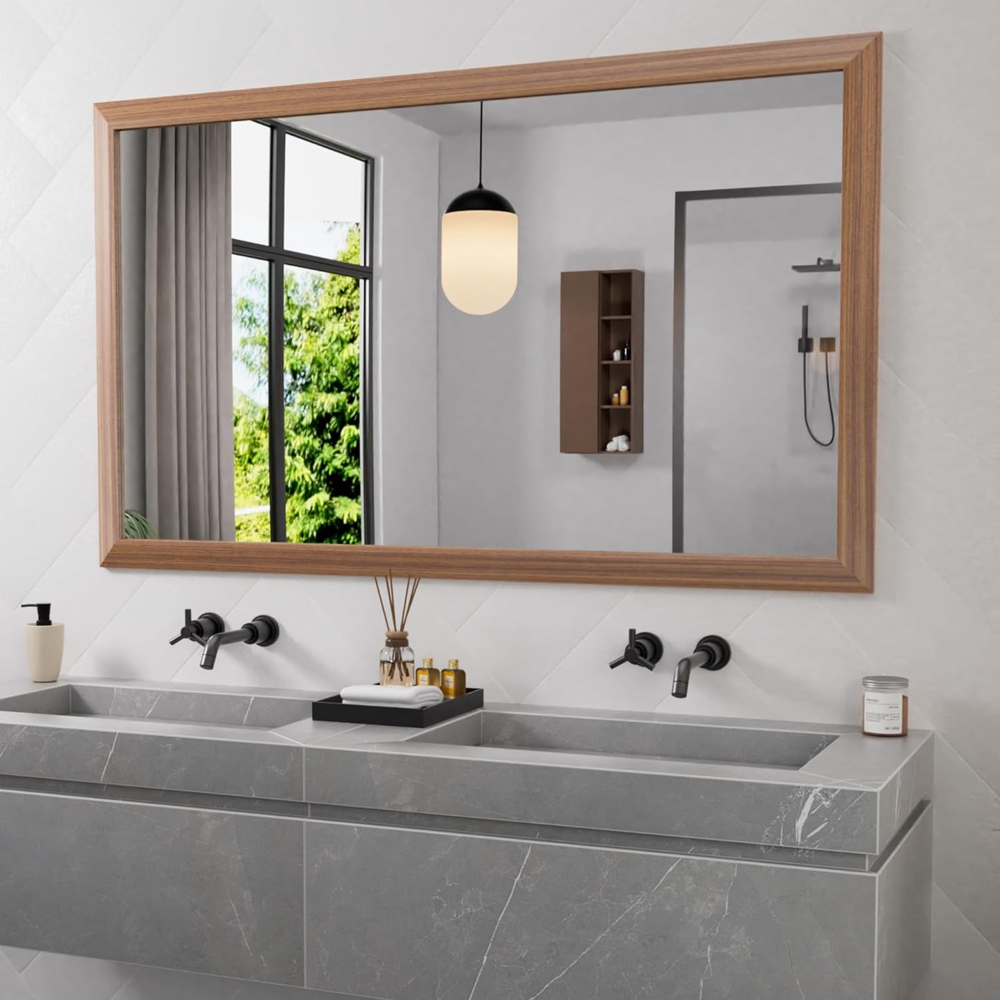 Amorho Bathroom Mirror, 60 X36 Inch Wall Mirror, Walnut Wood Grain Metal Framed, Anti-Rust, Hang Horizontally/Vertically, Suitable for Bedroom, Farmhouse, Bathroom, Decorative