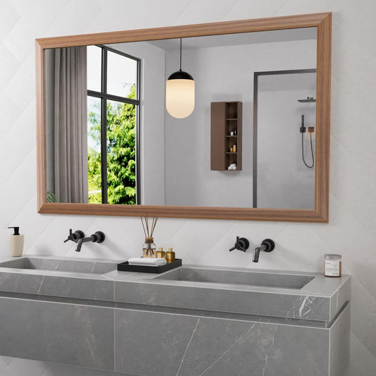 Amorho Bathroom Mirror, 60 X36 Inch Wall Mirror, Walnut Wood Grain Metal Framed, Anti-Rust, Hang Horizontally/Vertically, Suitable for Bedroom, Farmhouse, Bathroom, Decorative