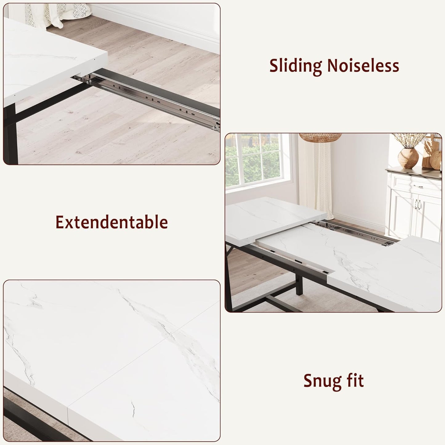 GarveeHome Extendable Dining Table Set for 4-6, Rectangle Large Extendable Kitchen Table with 2 Upholstered Benches & Metal Corner Protect for Dining, Apartment, Space Saving, Marble White