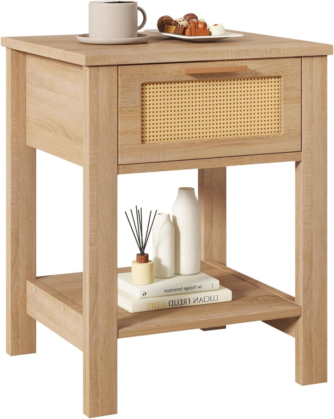 IBUYKE Rattan Nightstand, Boho Night Stand with Drawer, Wood Bedside Tables with Storage Shelf, End Table with Legs for Bedroom, Natural UWNS011N