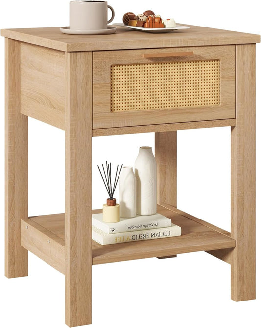 IBUYKE Rattan Nightstand, Boho Night Stand with Drawer, Wood Bedside Tables with Storage Shelf, End Table with Legs for Bedroom, Natural UWNS011N