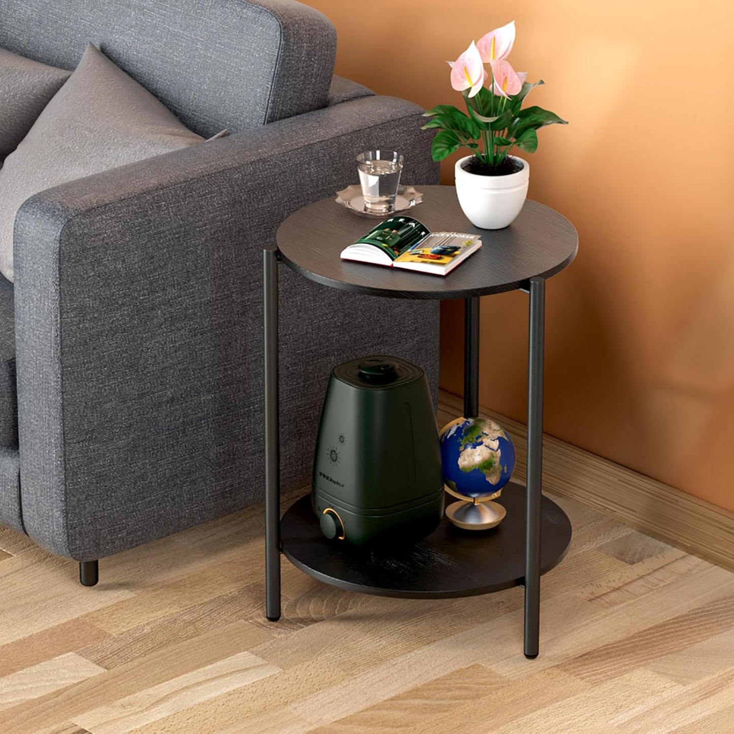 Round Side Table, 2-Tier Circle End Tables with Storage Wood Rustic Small End Tables Farmhouse Side Table for Living Room Bedroom Balcony Small Spaces