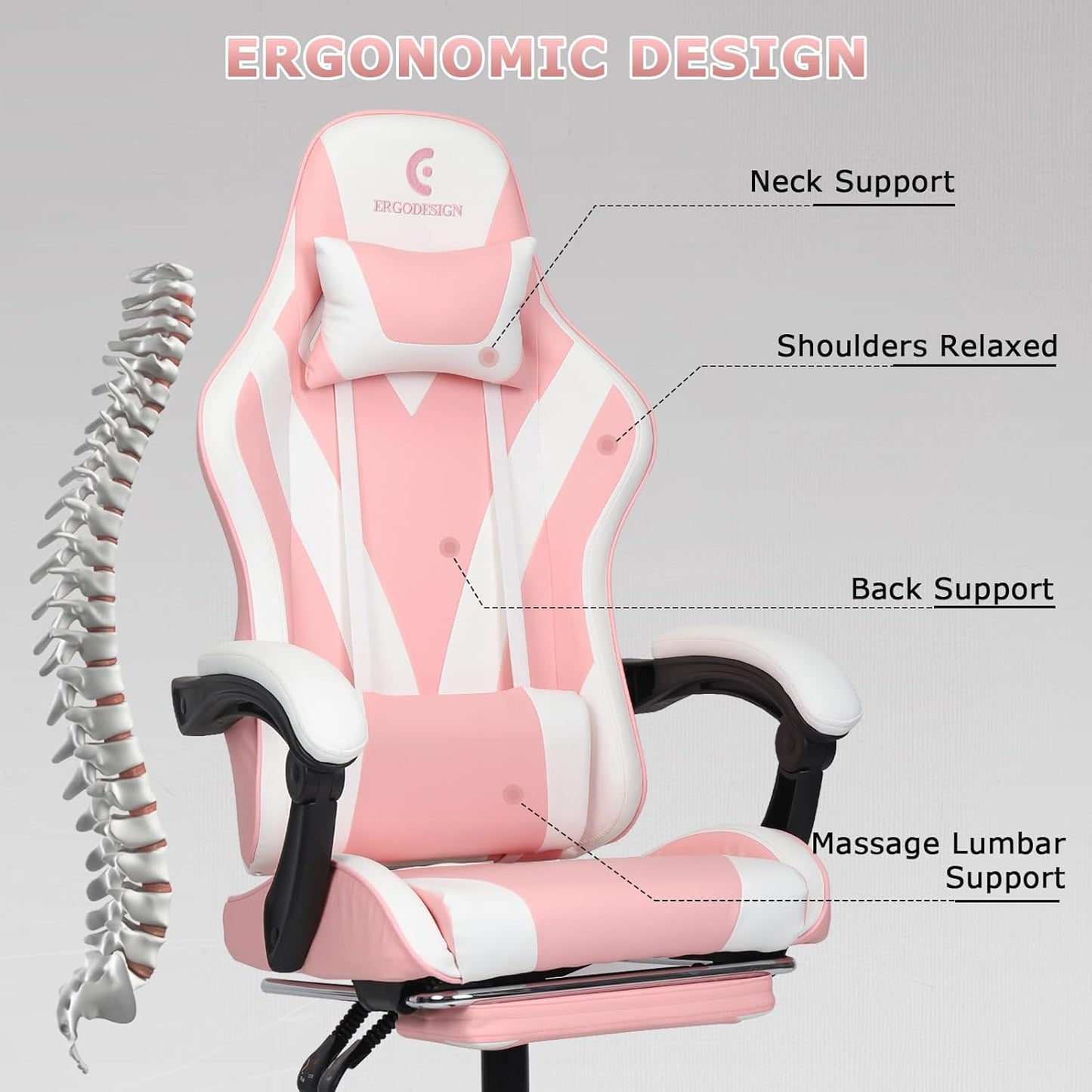 Gaming Chair with Linkage Armrest & Footrest, High Back Video Gaming Chair, Pink/White