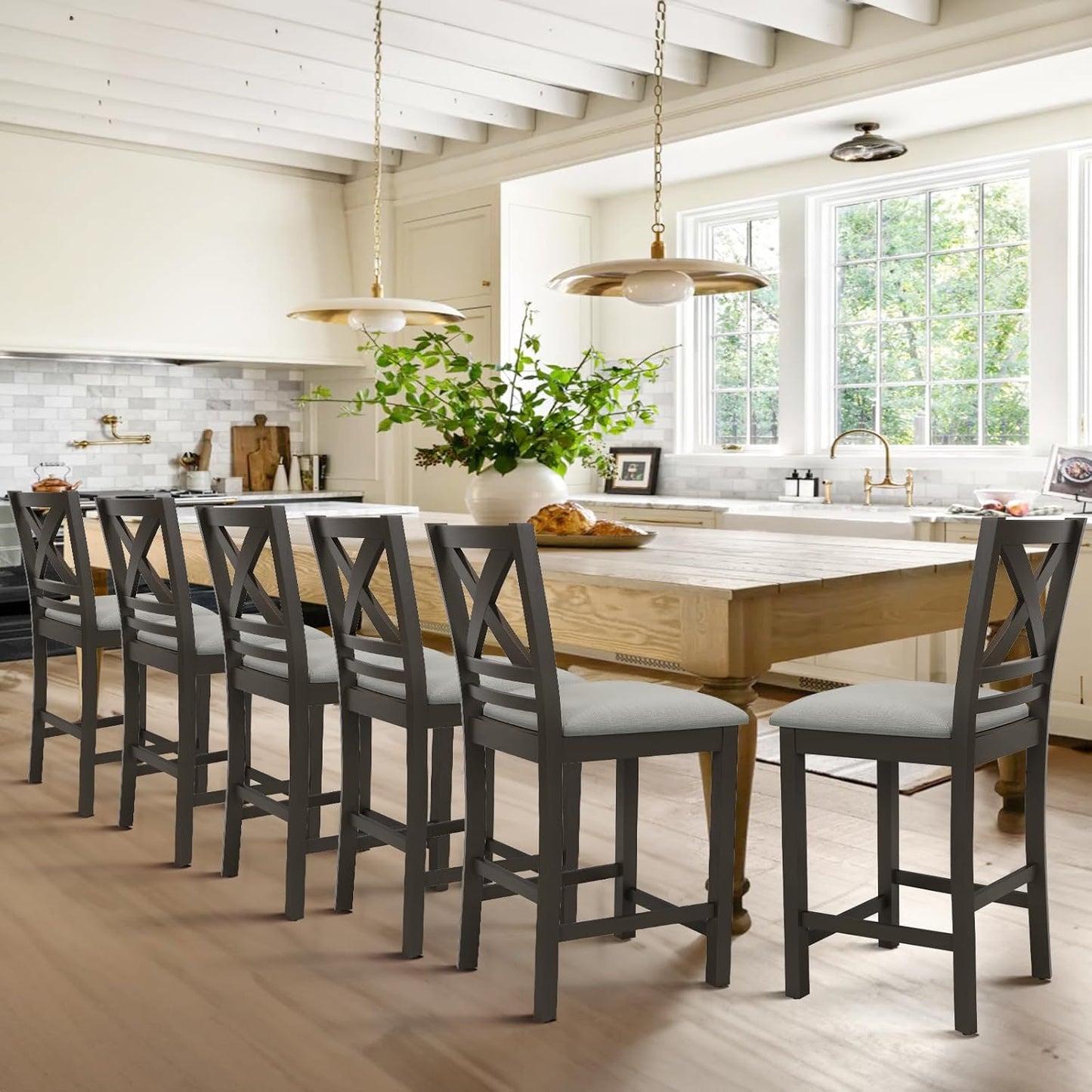Upholstered Counter Height Bar Stools Set of 6, Modern Kitchen Island Barstools Chairs with Cross Back and Wood Legs for Dining Room Bar, Dark Grey