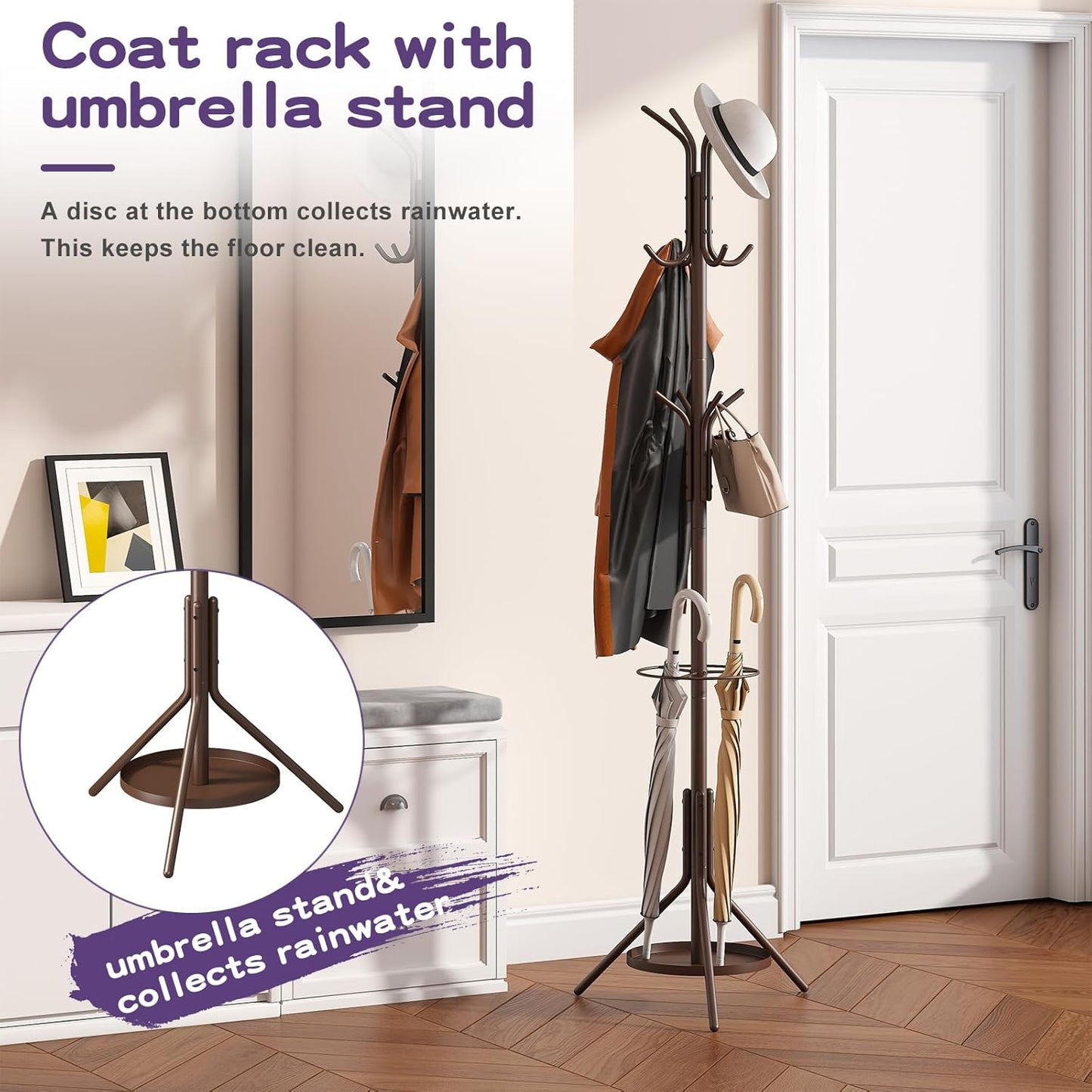 Coat Rack Freestanding,Entryway Hanger Stand,Umbrella Holder,Hall Tree With 12 Hooks, Floor Standing Metal Tree Stand,brown