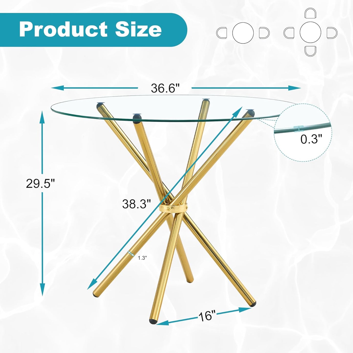 Kitchen Table for 2 Modern 36.6" Round Glass Table Small Tables with Trestle Metal Leg for Living Room and Apartment, Gold