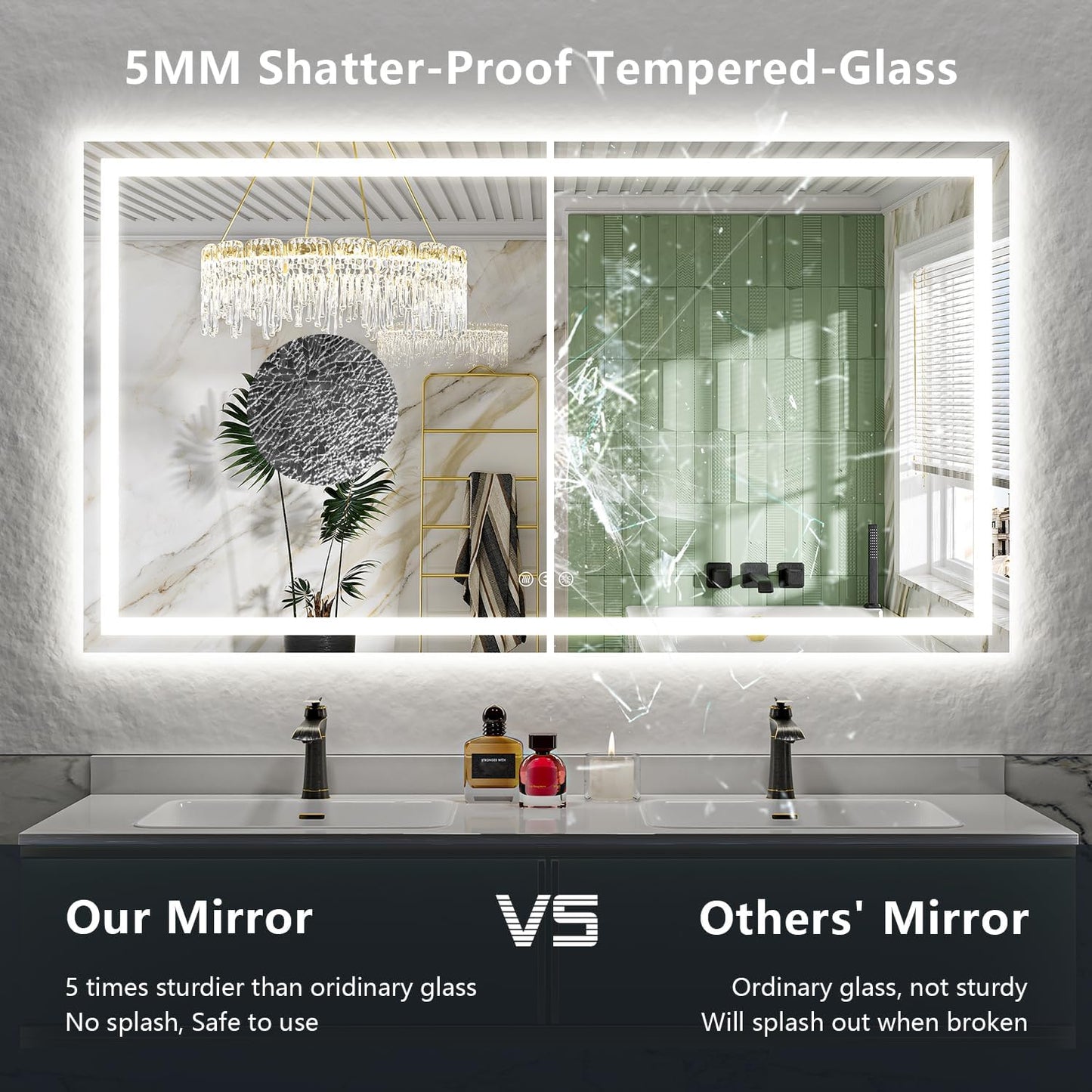 60x38 Inch LED Bathroom Mirror with Lights Front and Backlit Lighted Vanity Mirror for Bathroom Wall with 3 Colors Dimmable Anti-Fog Memory Shatter-Proof IP54 Waterproof Horizontal/Vertical