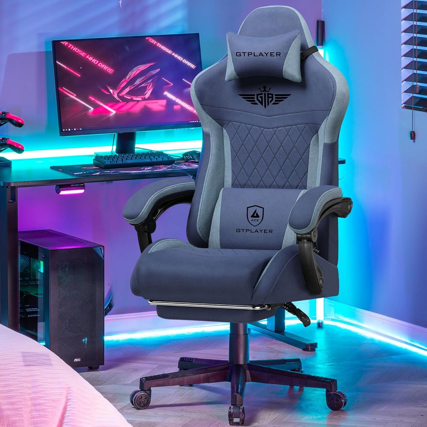 GTPLAYER Gaming Chair, Video Game Chairs with Footrest and Lumbar Support, Computer Chair for Adults with Extended Backrest, Ergonomic Reclining Silla Gamer, Fabric, Dark Blue