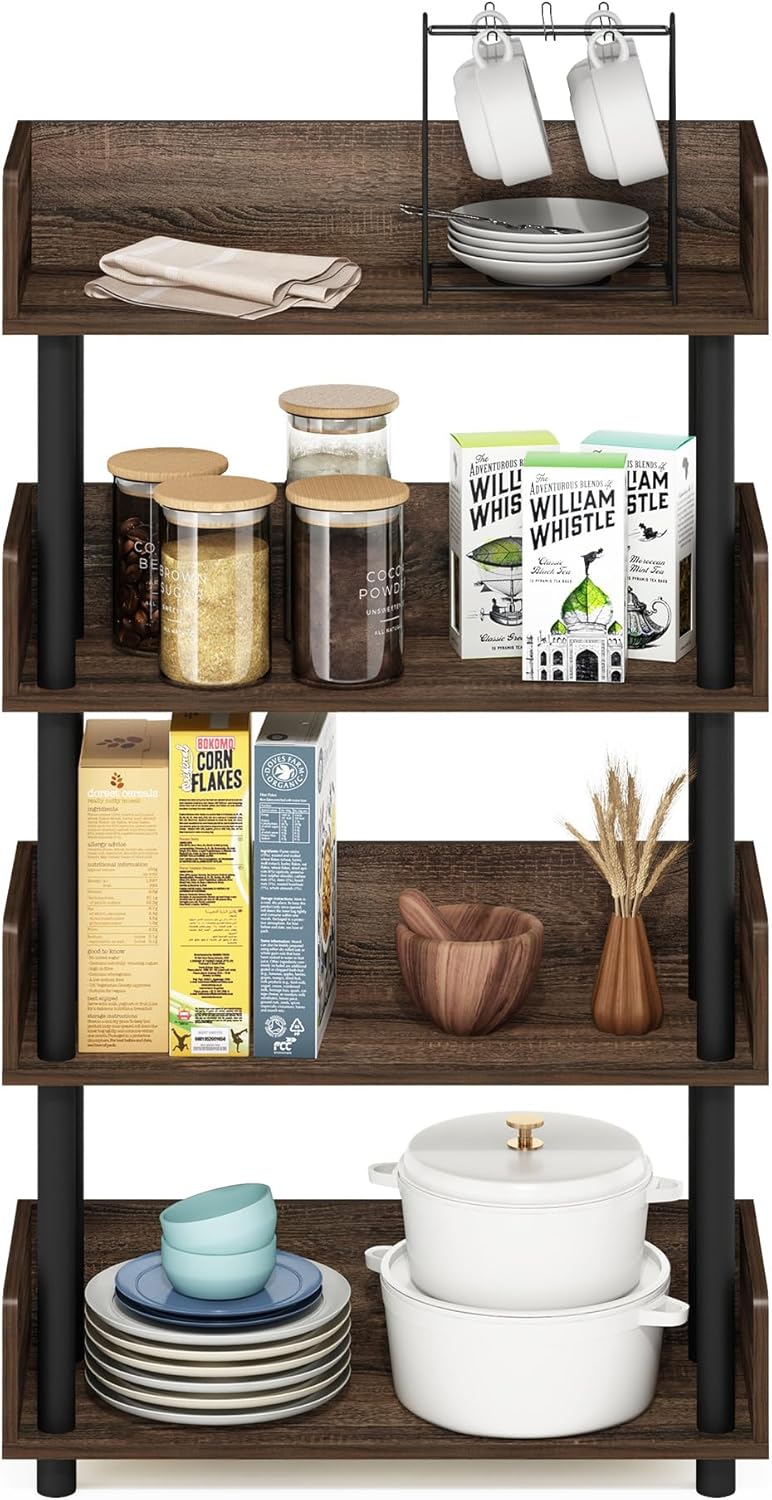 Furinno Turn-N-Tube 4-Tier Multipurposes Display Rack, Open Shelf Rack/Storage with Back & Side Panel, Walnut