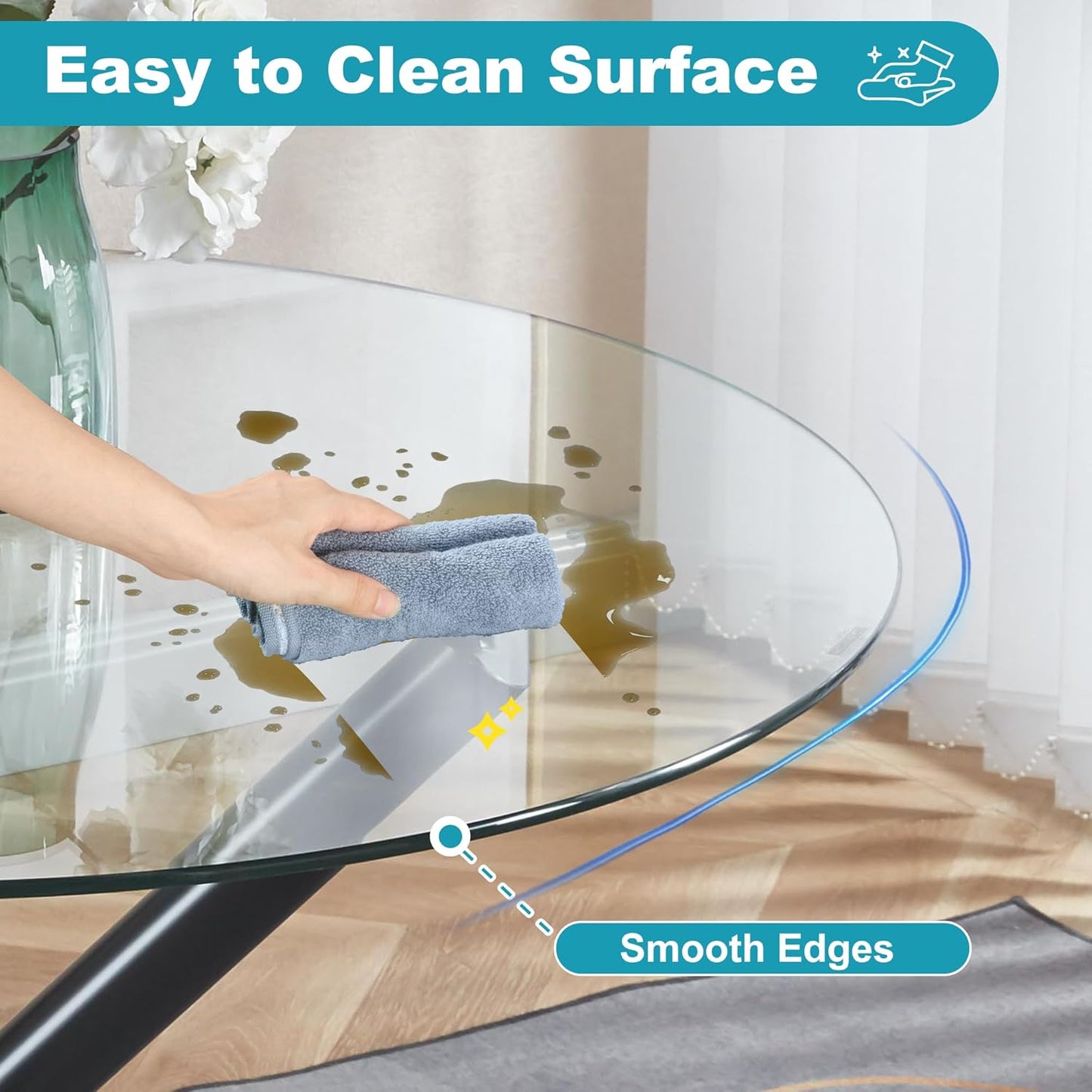 Kitchen Table Classic Dining Table for 4 Round Glass Dining Table 35.43" Kitchen & Dining Room Tables with Metal Legs and Glass Tabletop for Dining Room and Apartment, Black