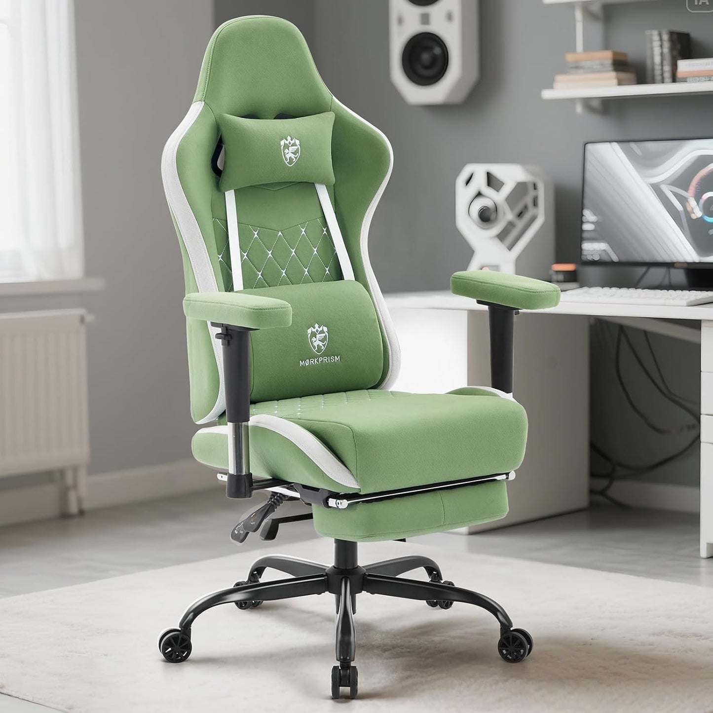Gaming Chair Breathable Fabric,Computer Office Chair with Footrest,Massage Lumbar Support and Gel Pad,Ergonomic Reclining Gamer Chair with Adjustable Armrests and Spring Cushion Green