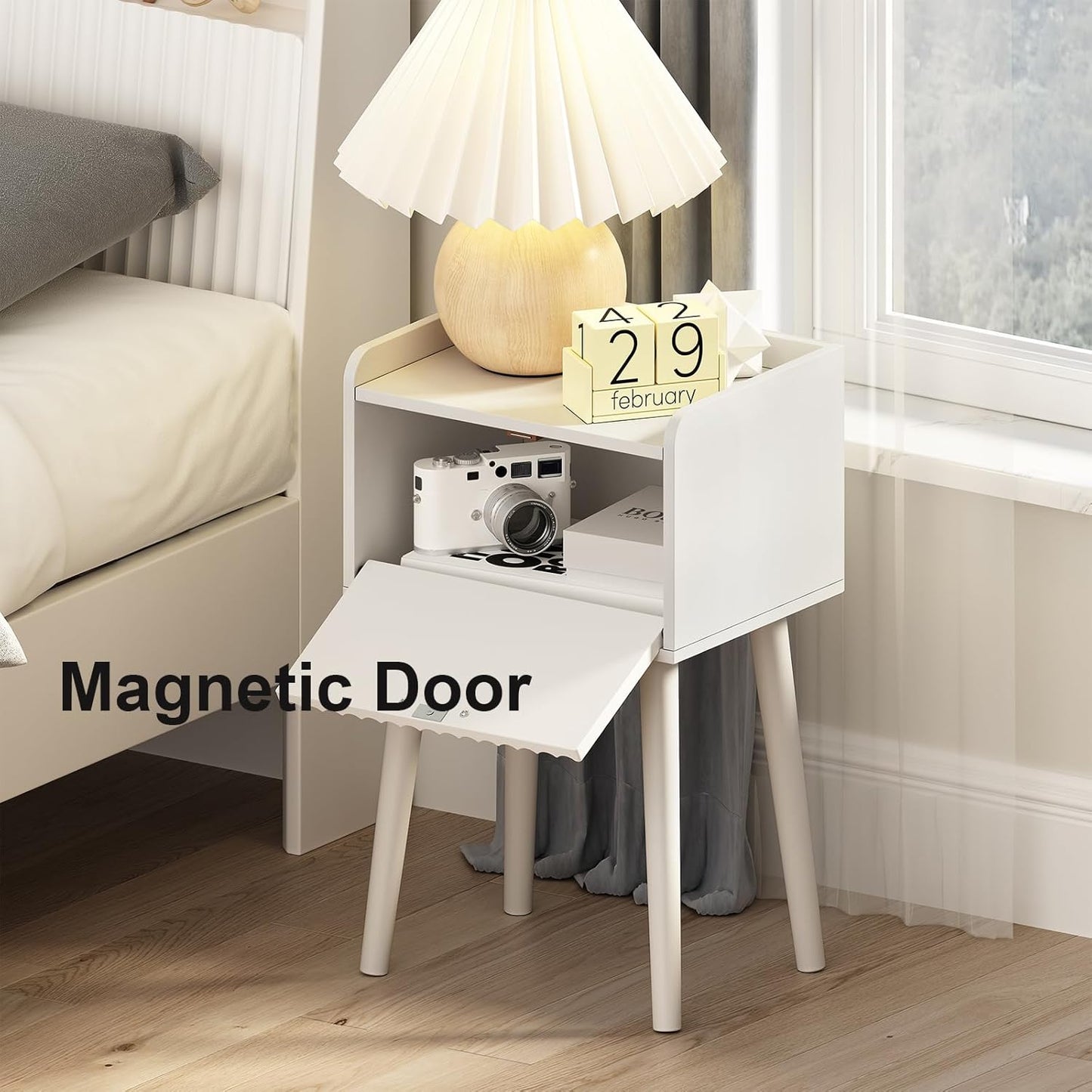 LAATOOREE Nightstand Set of 2, Small Bed Side Table with Fluted Door, End Table with Solid Wood Legs, Mid-Century Bedside Table for Bedroom Small Space