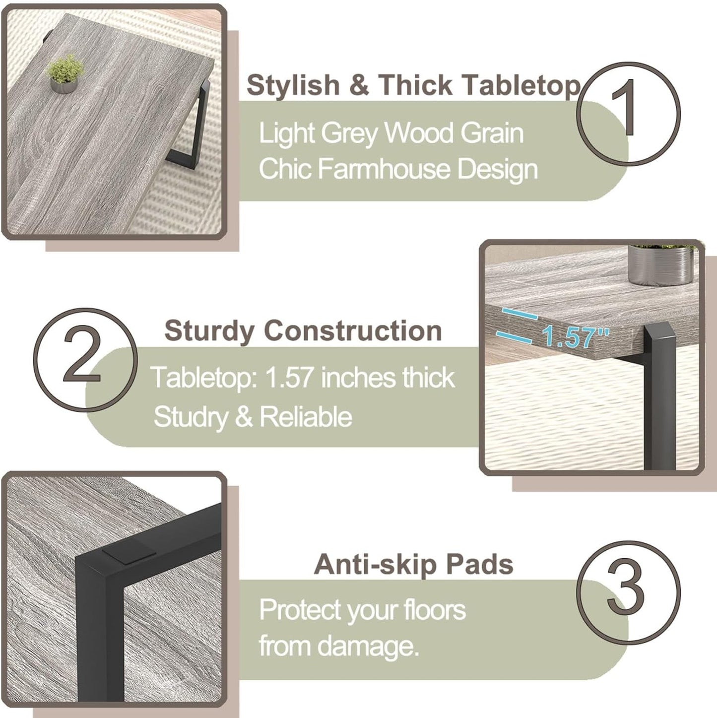 FOLUBAN Modern Coffee Table, Rustic Wood and Metal Center Table, Retro Small Cocktail Tea Table for Living Room, Light Grey, 44 Inch