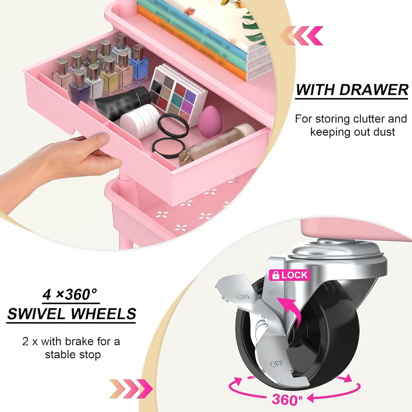 Goovilla 4 Tier Rolling Utility Cart Organizer with Removable Drawer, Stable and Sturdy Pink Rolling Storage Carts with 2 Lockable Wheels for Bathroom, Kitchen, Snack, Craft, Makeup, Baby Essentials