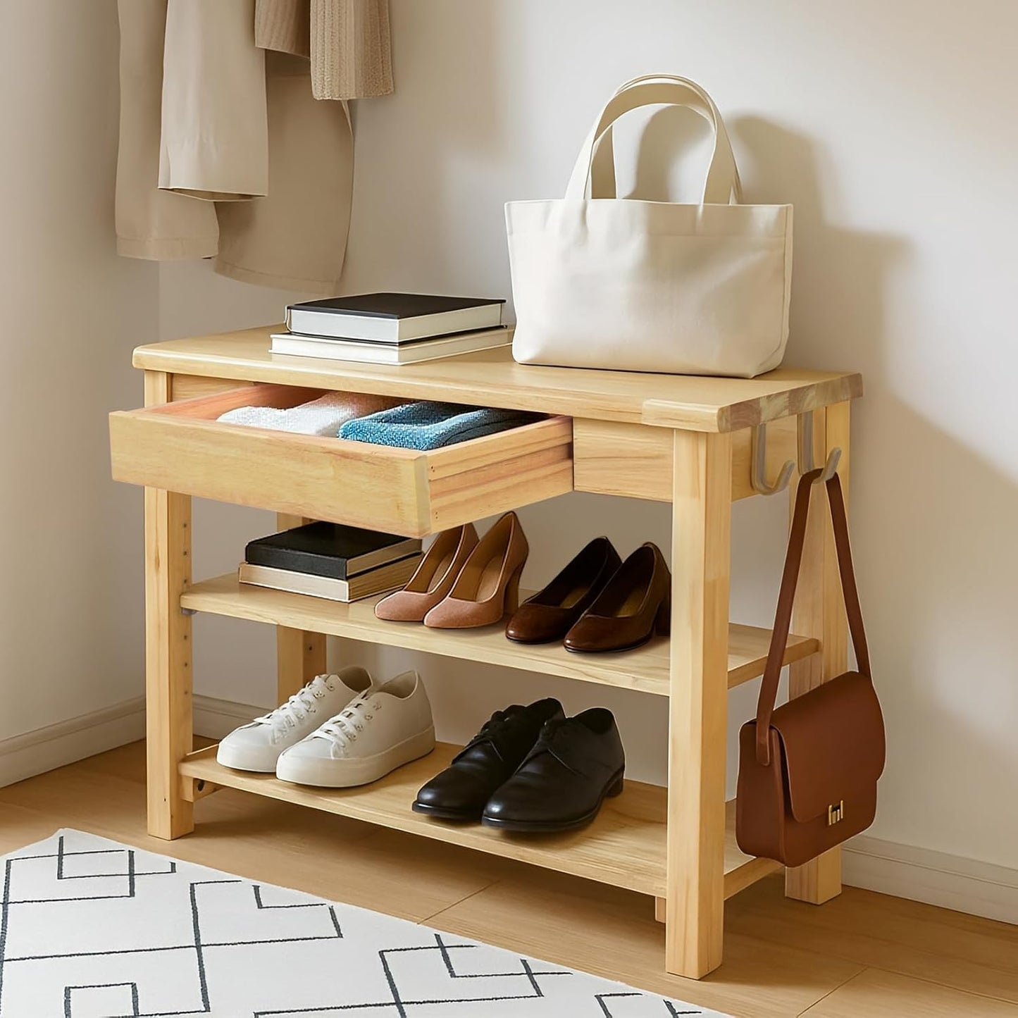 Wood Shoe Bench Entryway with Drawer: 2-Tiers Wooden Storage Shoe Rack with Bench Seat, Compact Mid-Century Modern Design for Entryway, Hallway, Closet, Front Door Entrance, Foyer