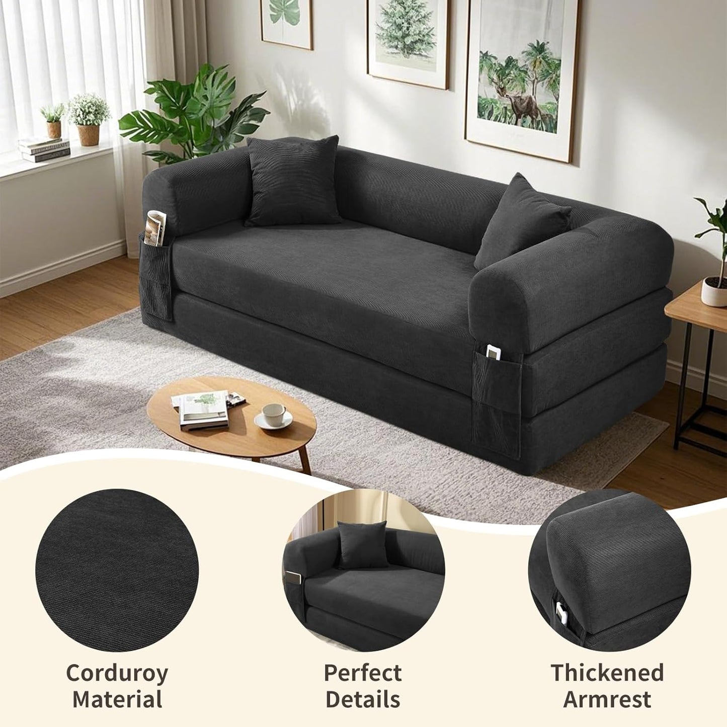 80" Convertible Sofa Bed, Corduroy Deep Seat Folding Pull Out Couch with Pillows, No Assembly Modern Boneless Couch Compression Sofa in Box, Floor Sofa with Storage Pocket for Living Room,Dark Grey