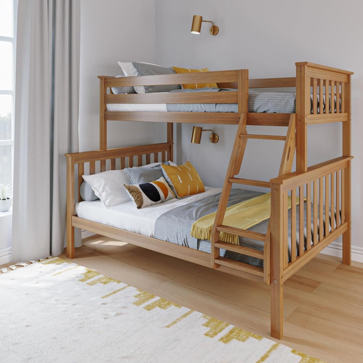 Max & Lily Bunk Bed Twin Over Full Size with Ladder, Solid Wood Platform Bed Frame with Ladder for Kids, 14" Safety Guardrails, Easy Assembly, No Box Spring Needed, Pecan