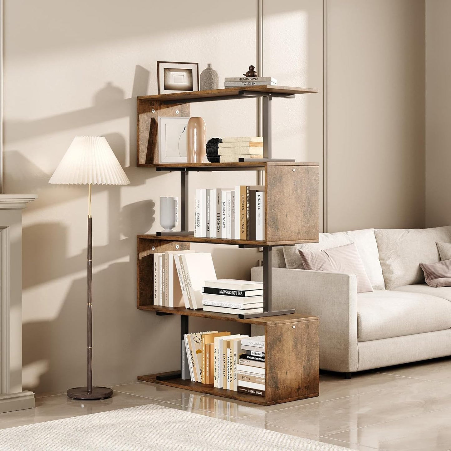 5-Tier Geometric Bookshelf, S Shaped Bookcase, 31.5" W x 58.3" H Wood Decorative Storage Shelving, Modern Freestanding Display Shelves, Tall Book Shelf Unit for Living Room Bedroom