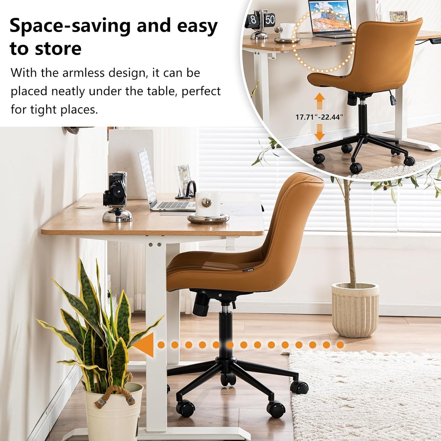 YOUNIKE Ergonomic Home Office Desk Chair with Wheels Comfy Armless Criss Cross Chair with Back Adjustable Height Modern Leather Upholstered Swivel Vanity Chair Small Cute Rolling Task Chair Tan