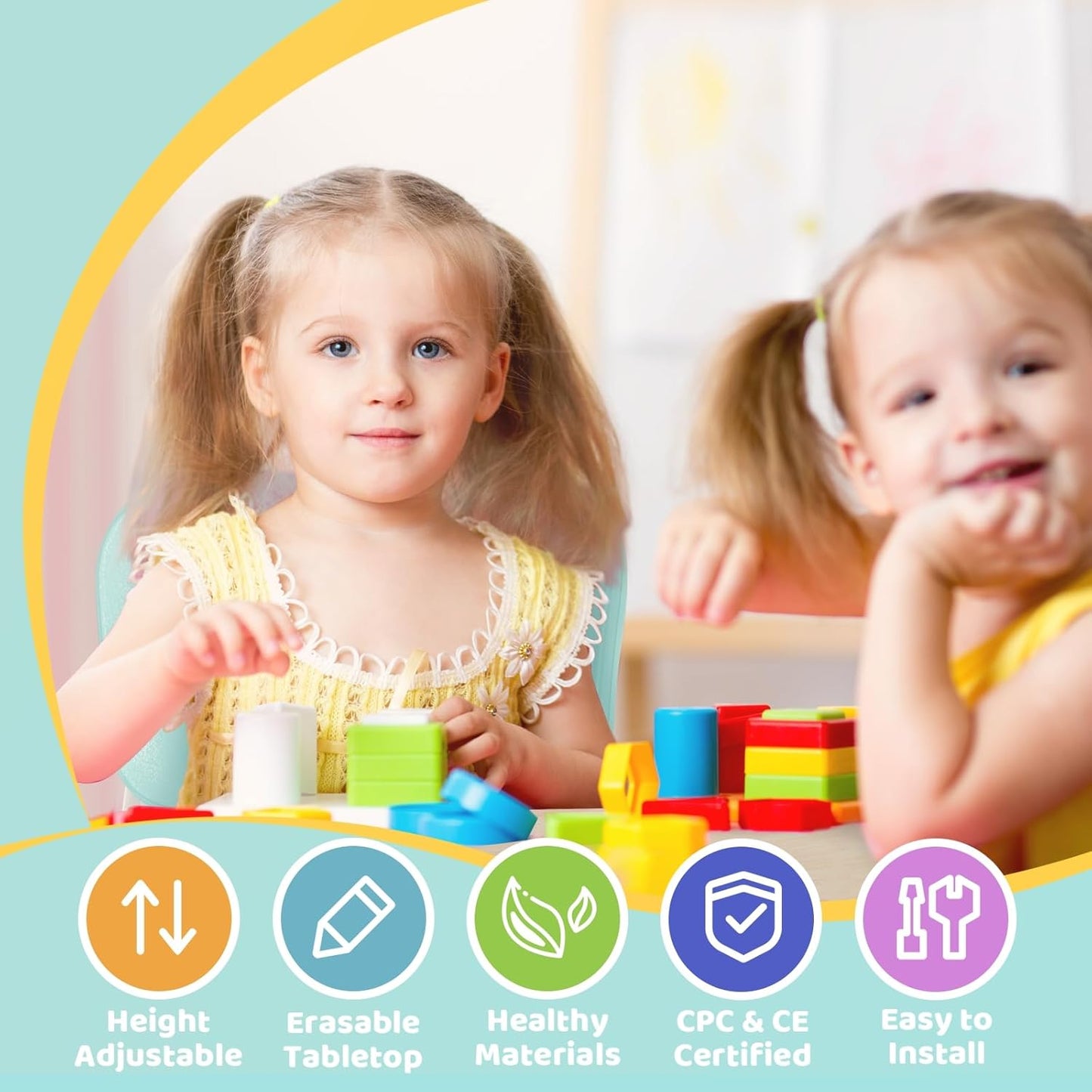 FUNLIO Kids Table and 2 Chairs Set, Height Adjustable Toddler Table and Chair Set for Ages 3-8, Easy to Wipe Arts & Crafts Table, for Classrooms/Daycares/Homes, CPC & CE Approved (3pcs Set) - Green