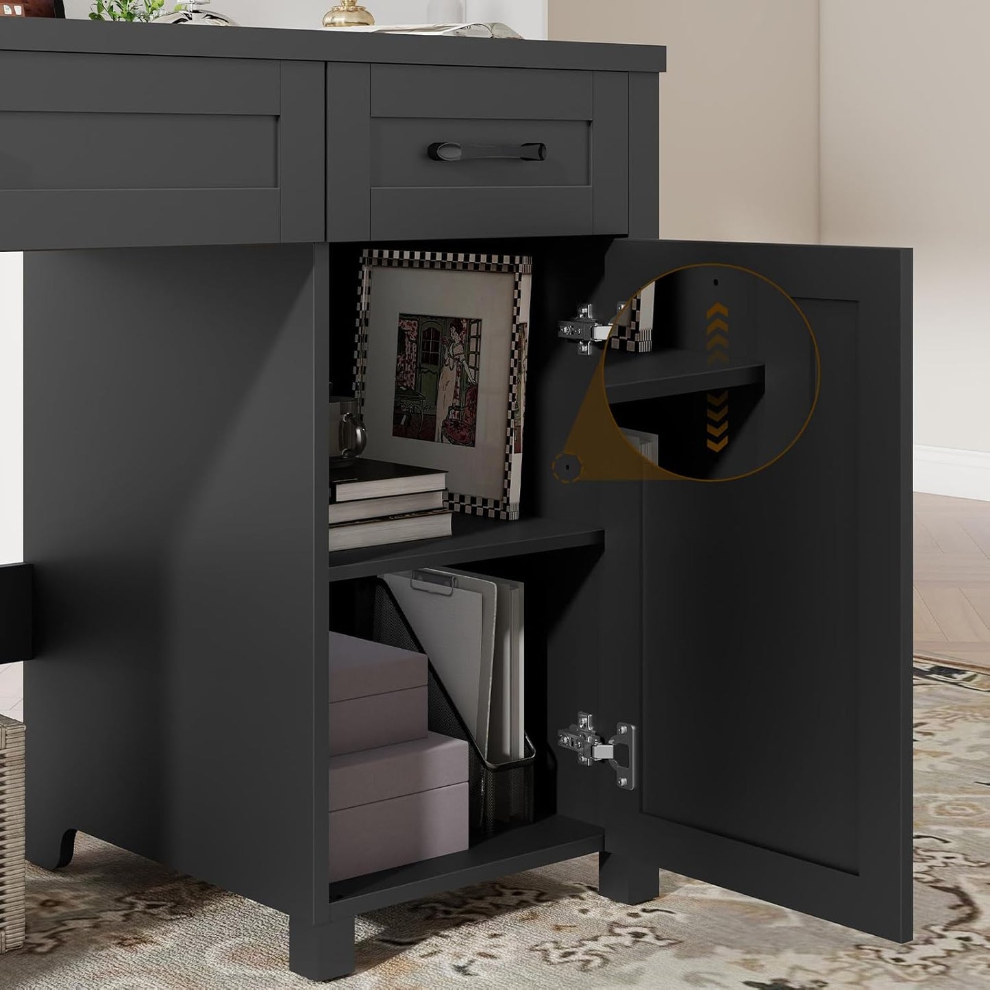 Farmhouse 47" Executive Desk, Computer Desk with Drawers and Storage Cabinet, Workstation Computer Desk for Home Office, Study.(Pure Black)